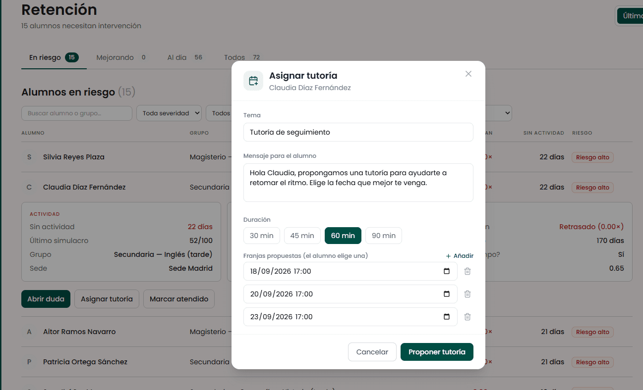 Modal abierto para asignar una tutoría con el tema, el mensaje al alumno, la duración y las franjas horarias propuestas